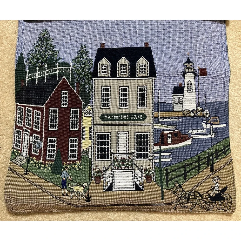Tapestry Wall Hanging Woven Coastal Village Seaside Scene 16x13